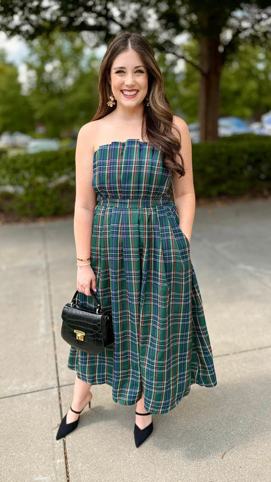 Green Plaid Scallop Strapless Dress