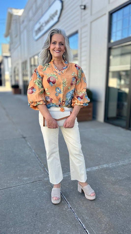 Floral Button Down Top - Coral