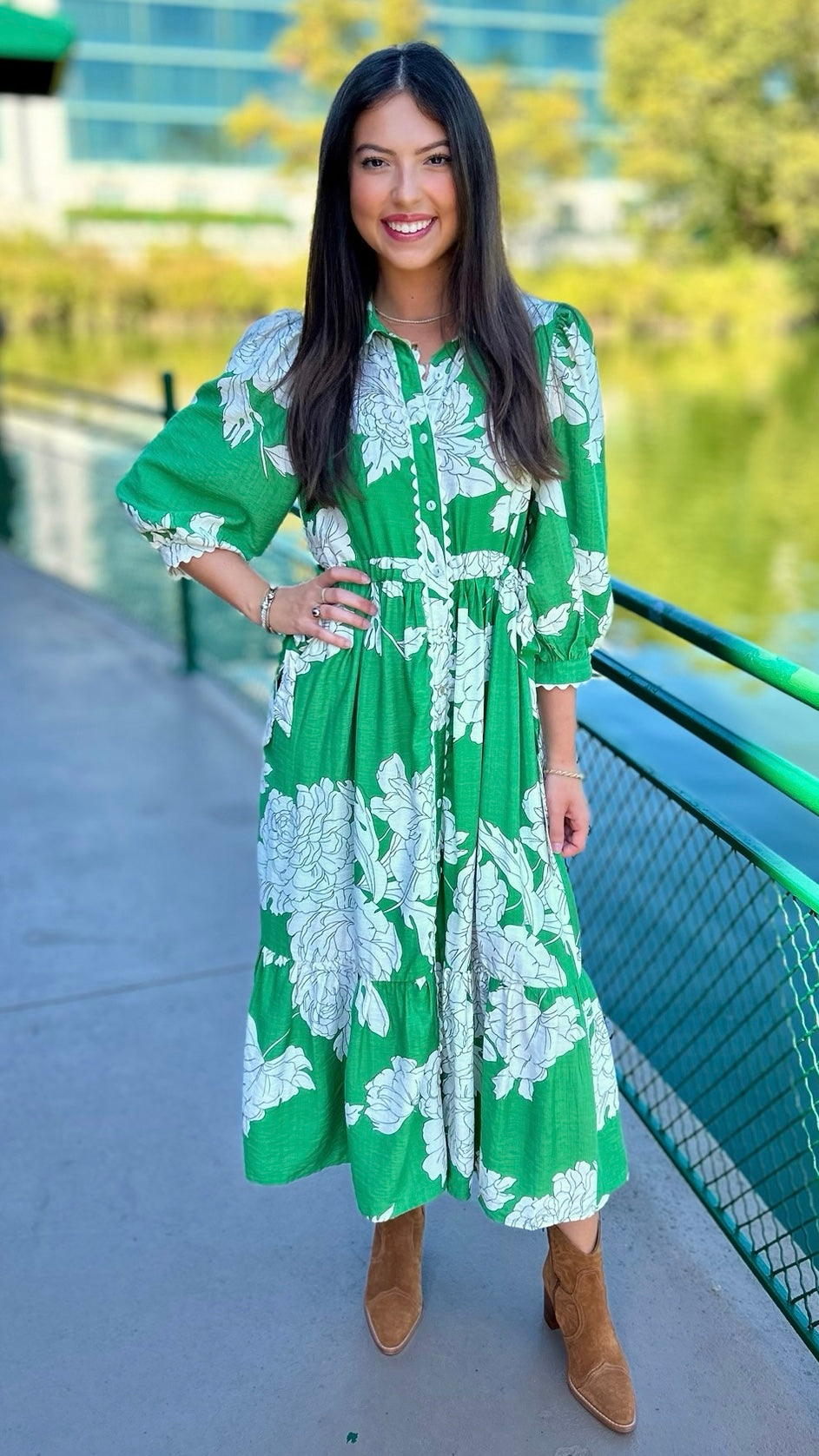 Green Floral Midi Dress with Ric Rac Trim