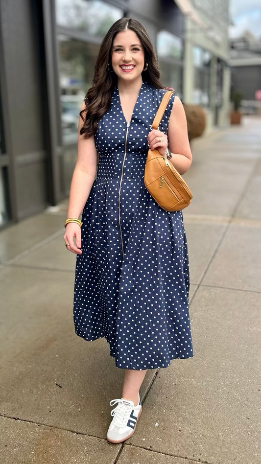 Zip Up Midi Dress - Navy Polka Dot