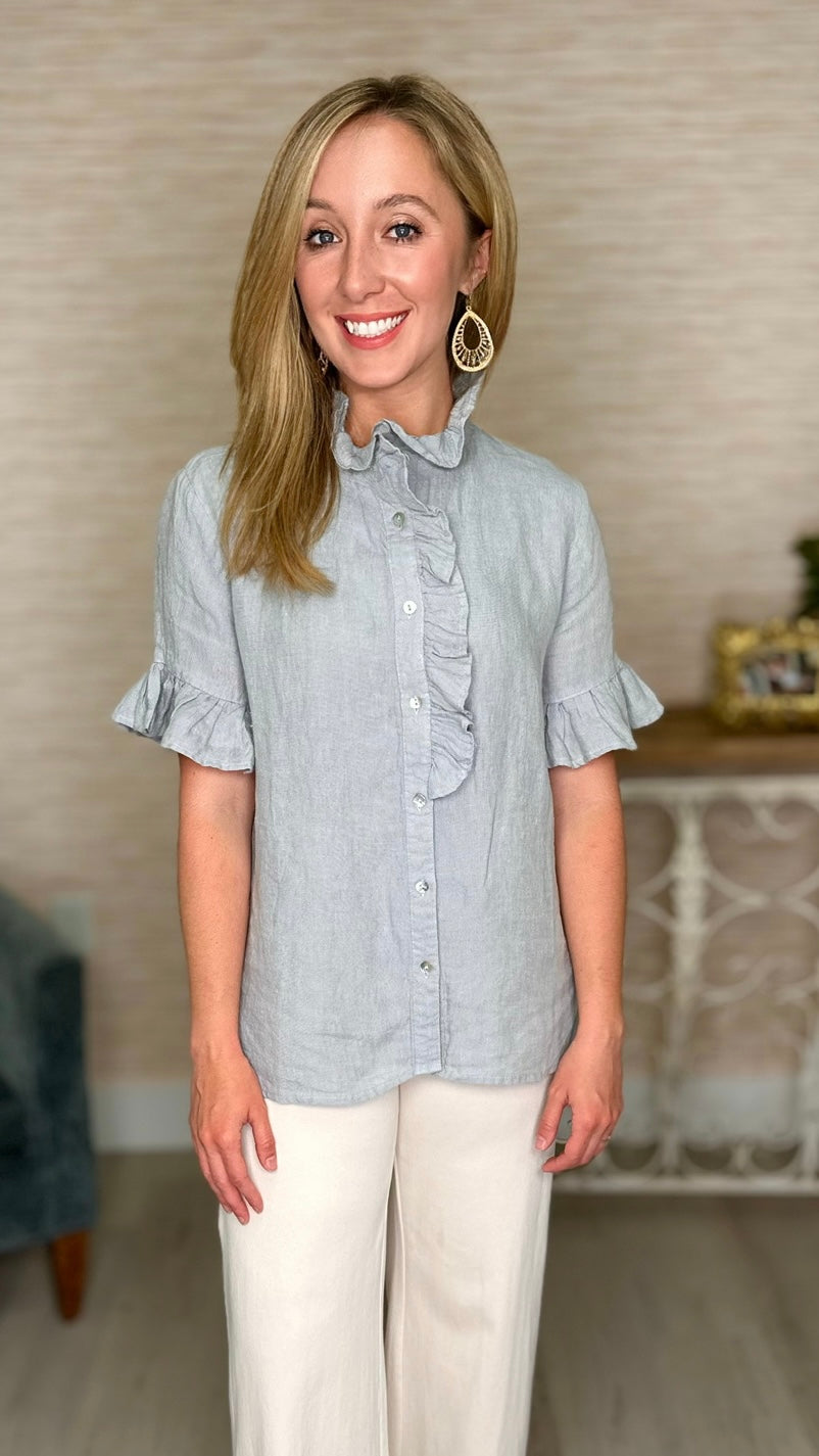 Ivy Jane Cloud Blue Linen Ruffle Blouse