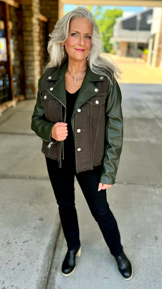 Dear John Faux Leather Denim Moto Jacket - Olive