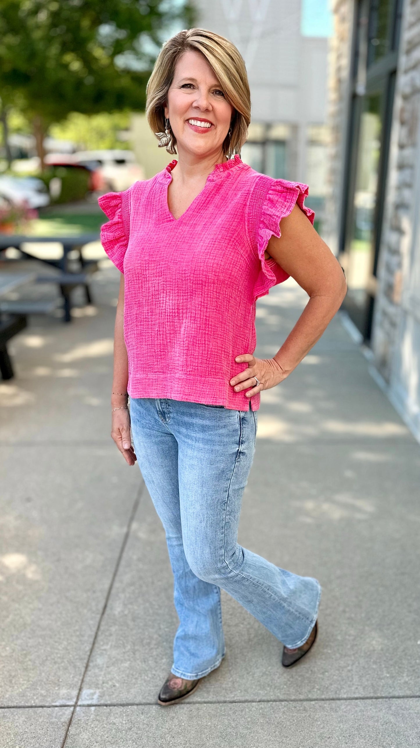 Fuchsia Ruched Sleeve Gauze Top