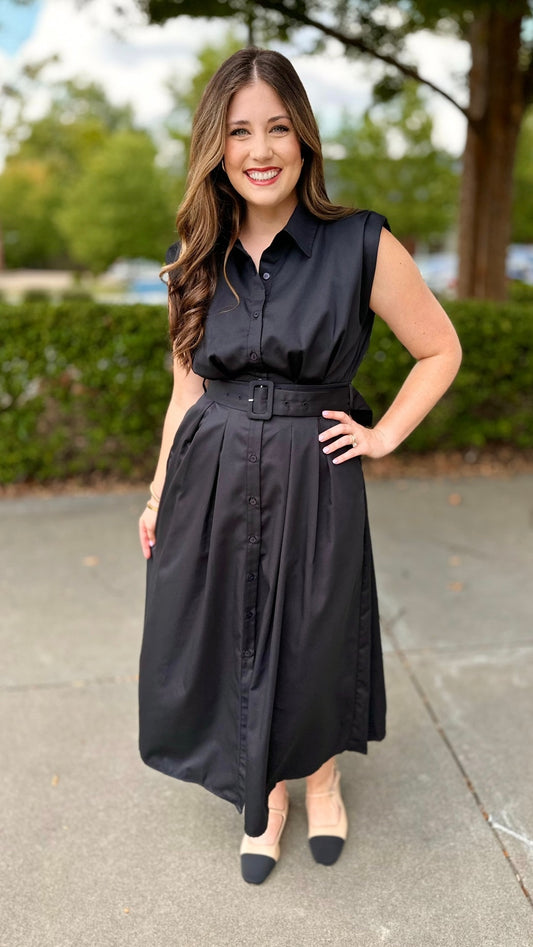 Blissful Belted Midi Dress - Black