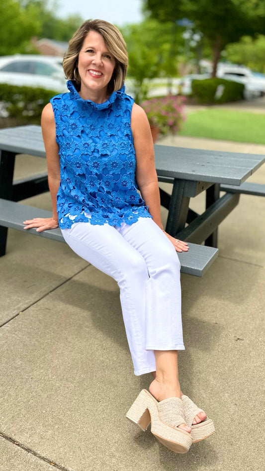 Floral Lace Tie Neck Top - Blue