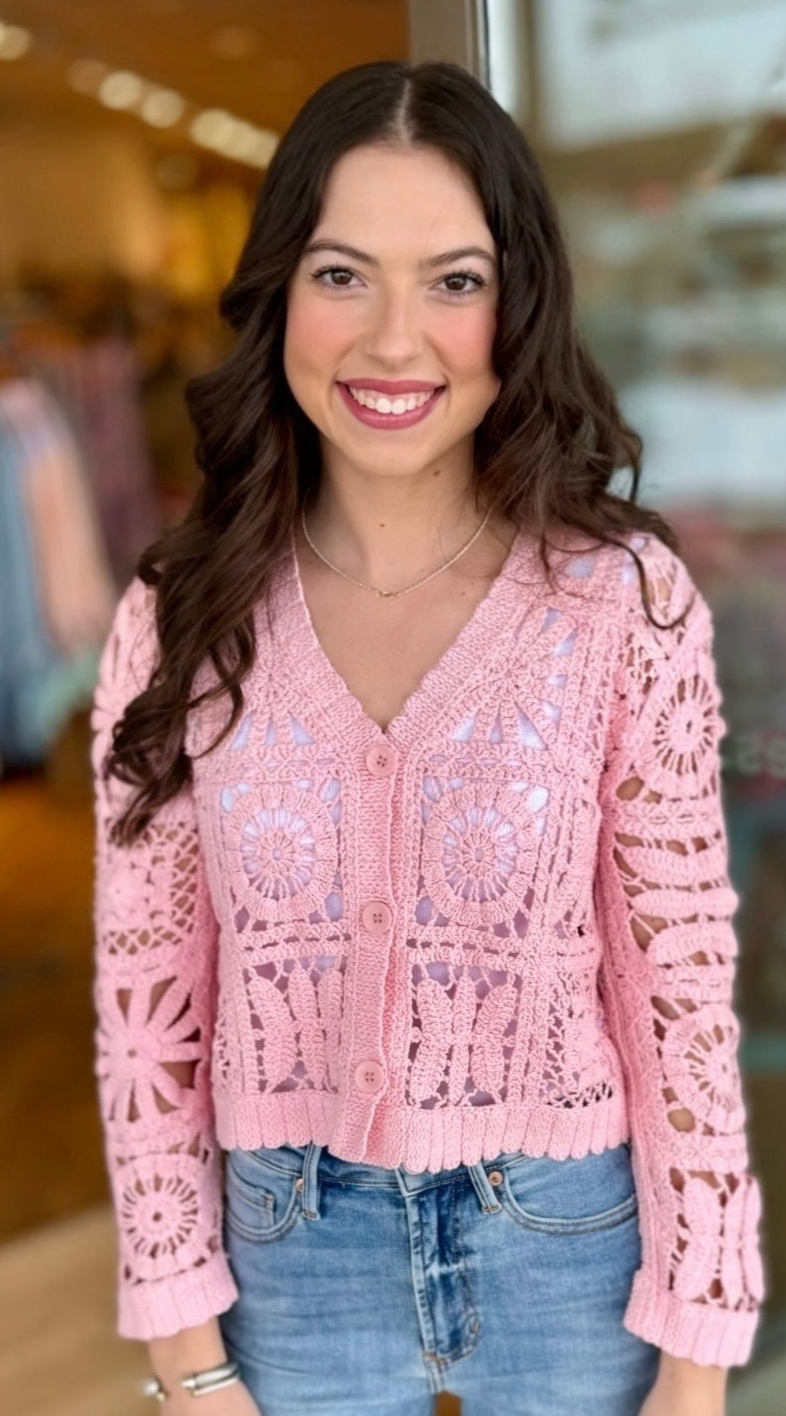 Camila Cropped Crochet Cardigan - Pink