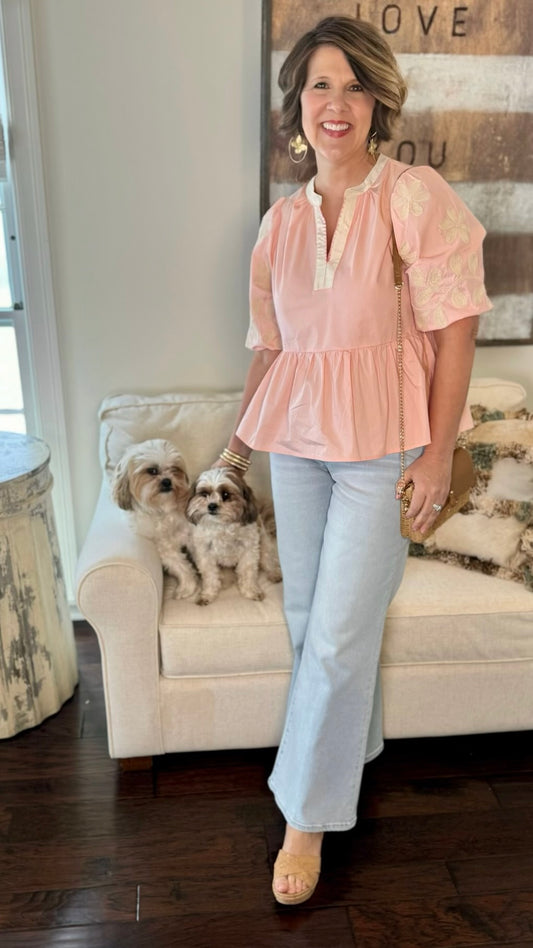 Flirty Embroidered Sleeve Top - Pale Pink