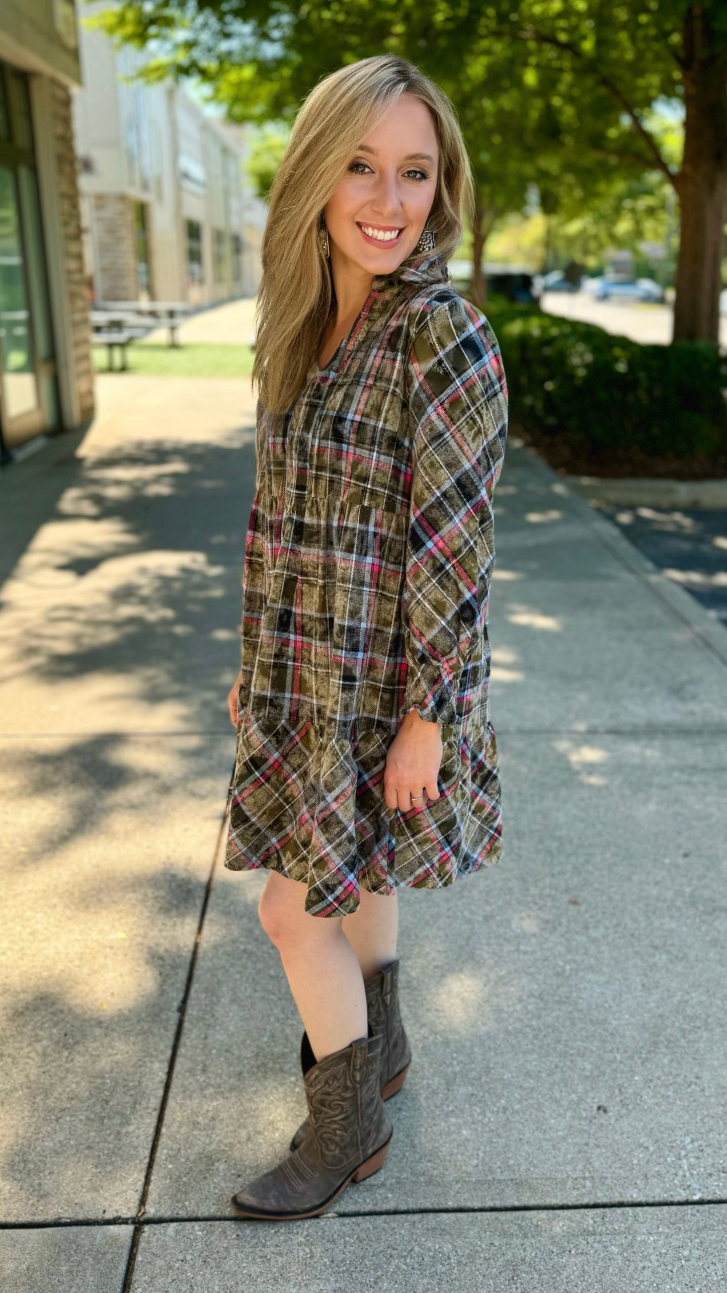 Acid Wash Flannel Dress - Olive