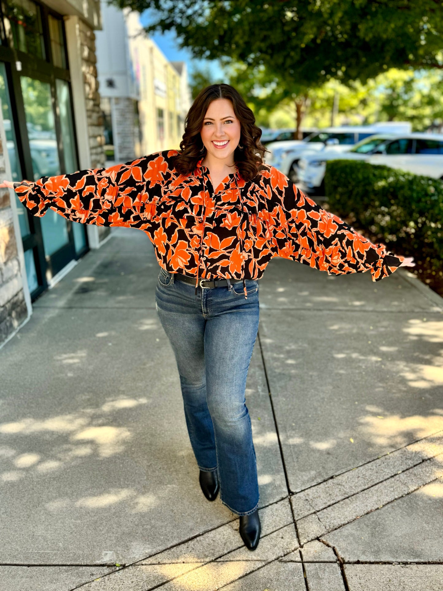 Double Ruffle Button Up Blouse - Orange & Black