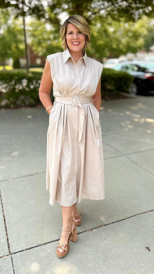 Blissful Belted Midi Dress - Taupe