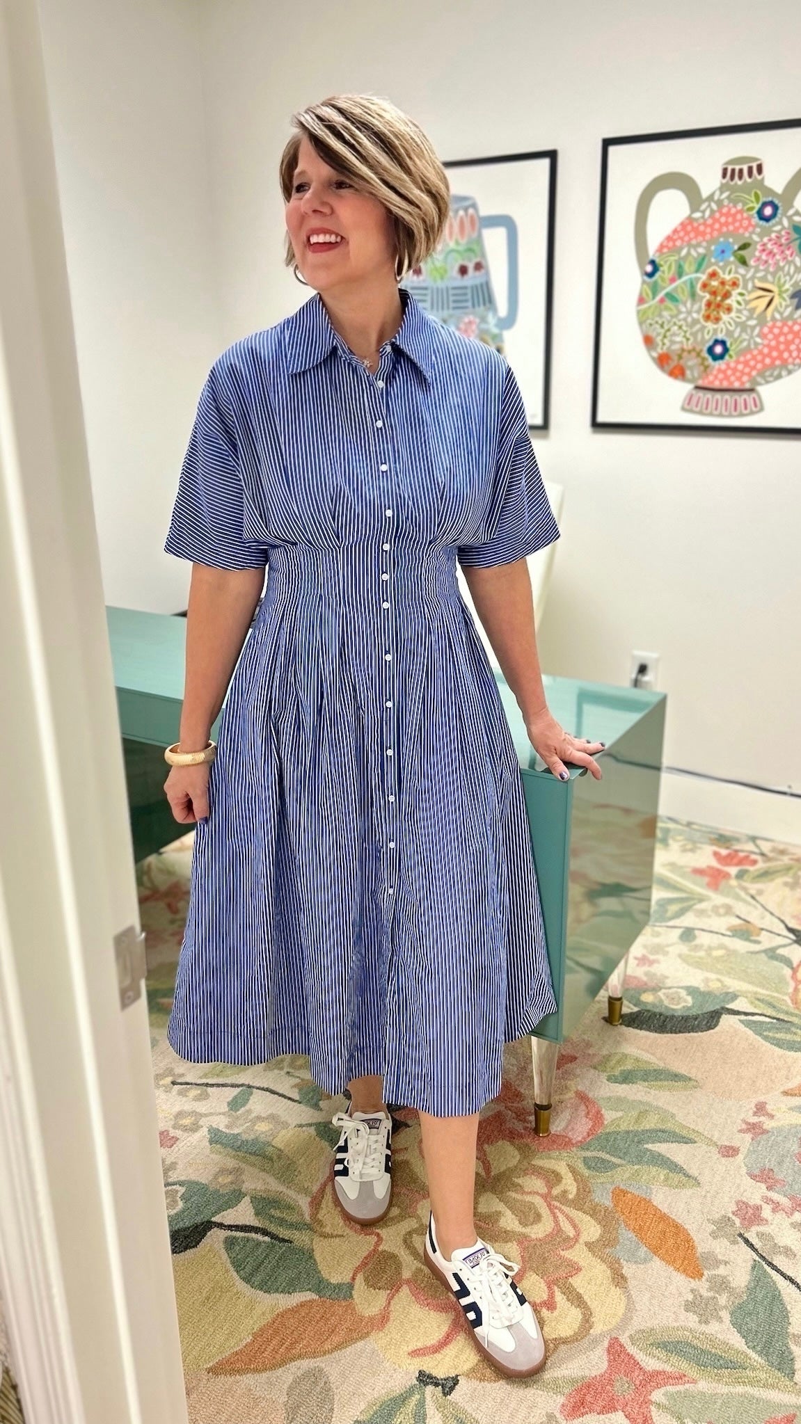 Button Pleated Shirt Dress - Blue