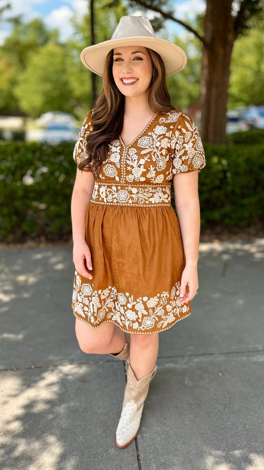 Mandy Embroidered Dress - Camel