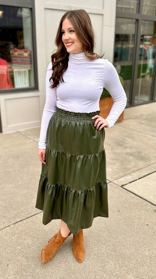 Tiered Olive Faux Leather Skirt