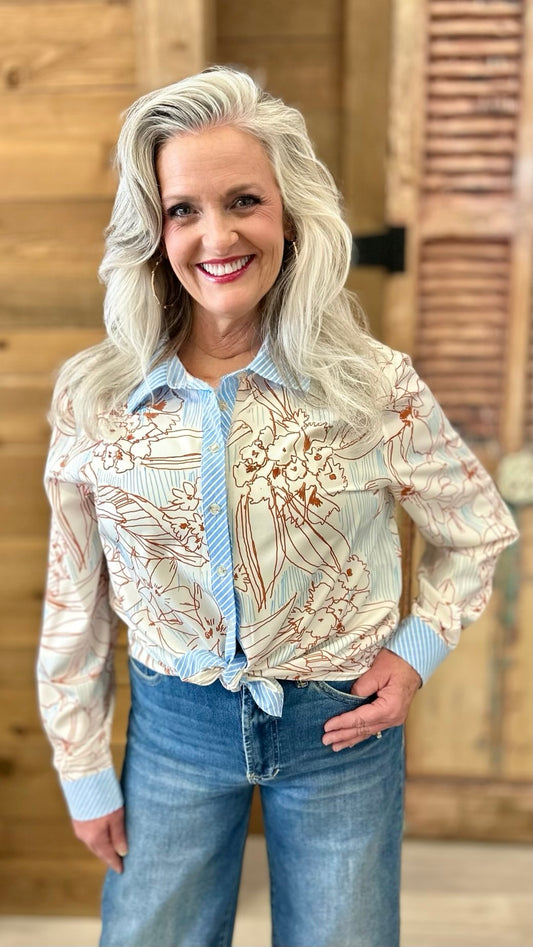 Floral Blouse with Stripe Trim