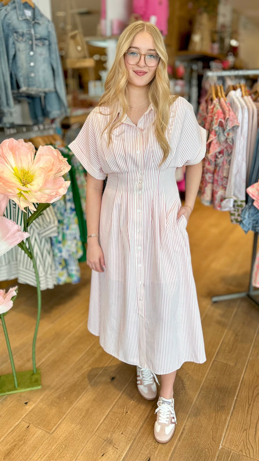 Ivory & Pink Stripe Cinch Waist Midi Dress