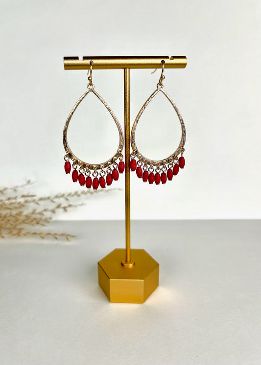 Brushed Gold Teardrop Earrings - Red