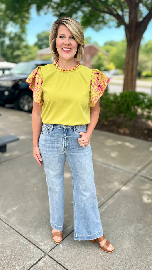 Kiwi Eyelet Flutter Sleeve Top