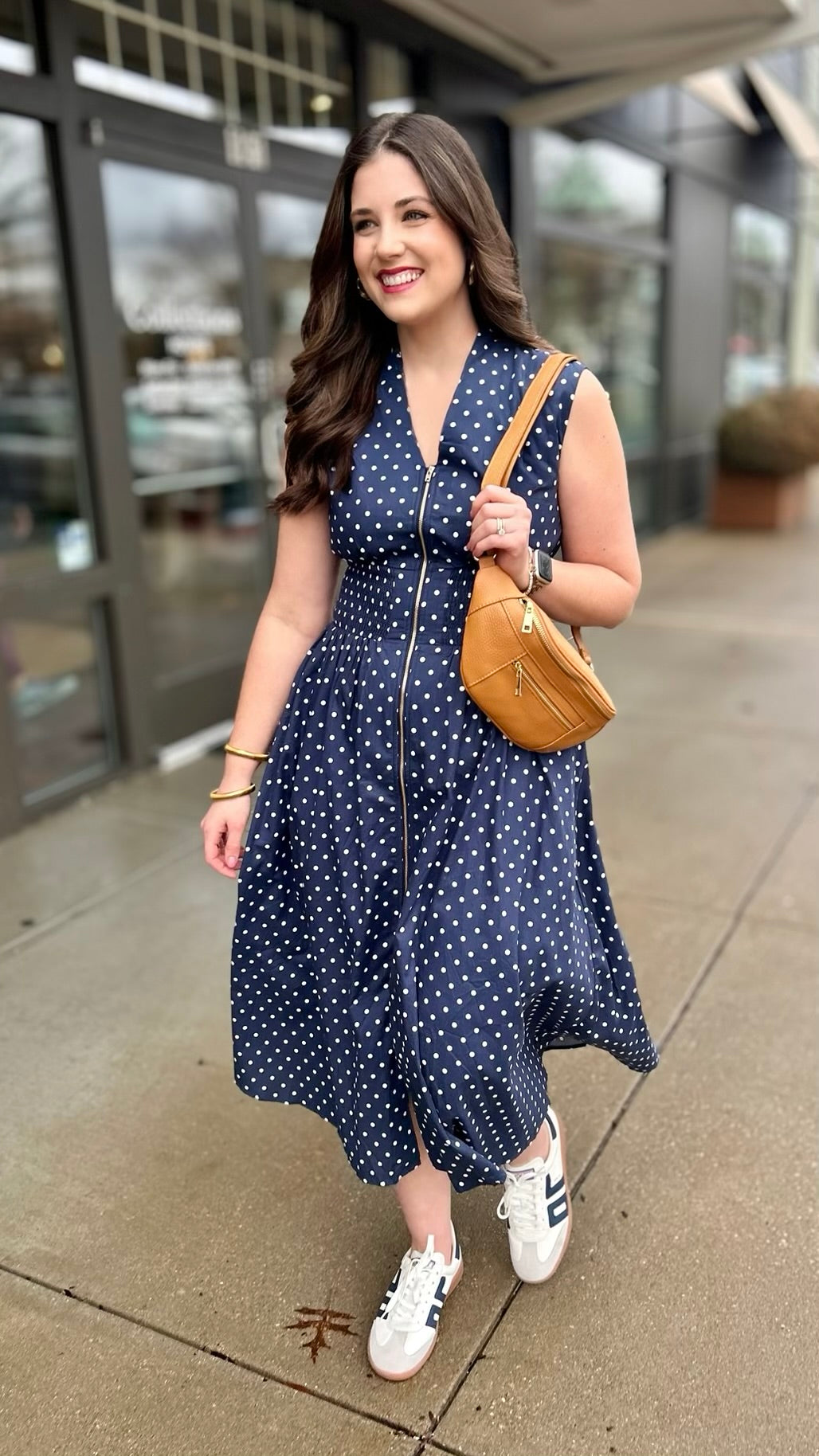 Zip Up Midi Dress - Navy Polka Dot