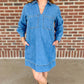 Long Sleeve Double Pocket Denim Dress - Blue Jean