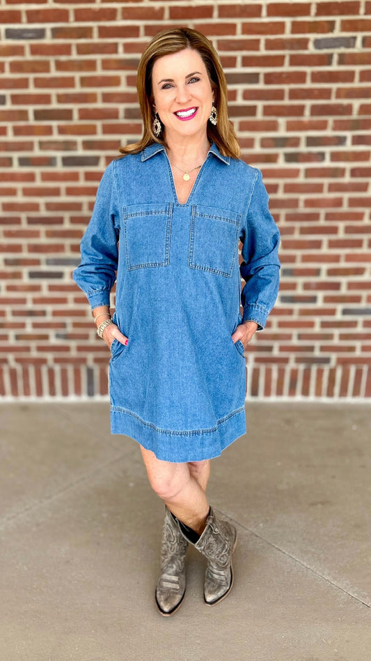 Long Sleeve Double Pocket Denim Dress - Blue Jean