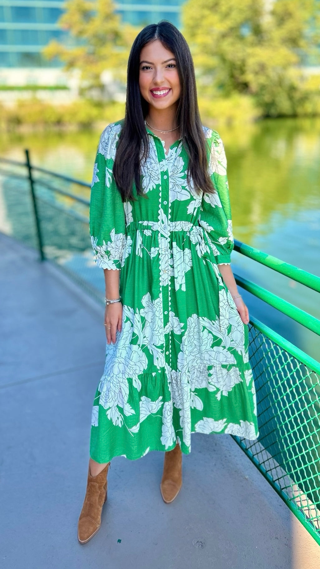 Green Floral Midi Dress with Ric Rac Trim