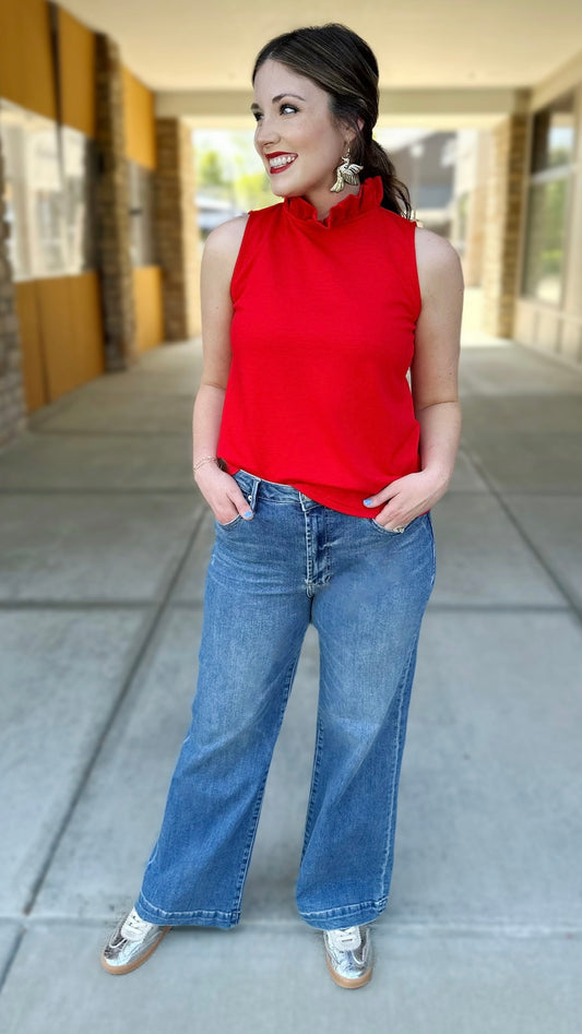 Richelle Ruffled Neck Sleeveless Top - Red