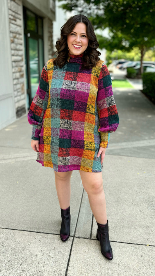 Multi Plaid Sweater Dress - Purple Mix