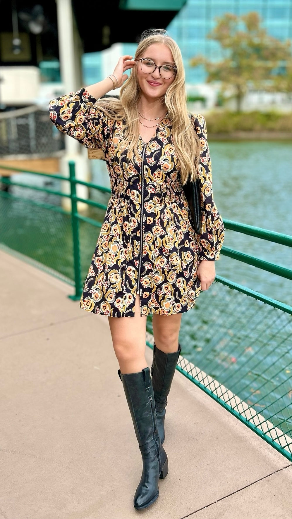 Black Floral Zip Mini Dress