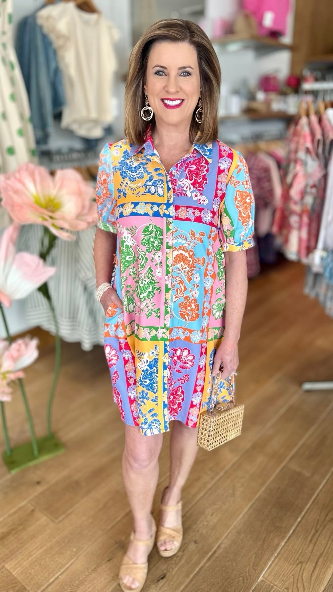 Tropical Floral Tie Shirt Dress - Multi