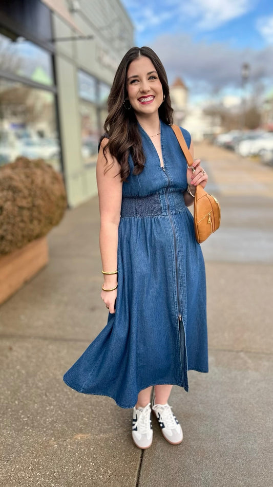 Zip Front Midi Dress - Dark Denim