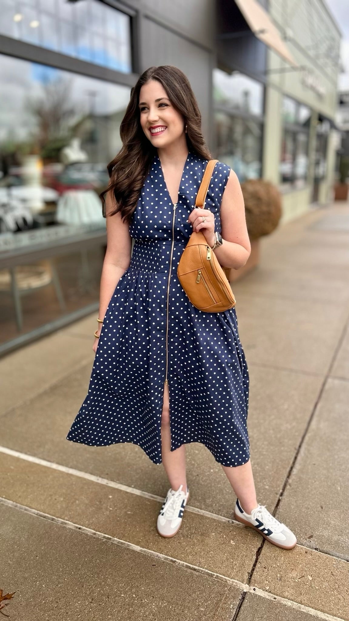 Zip Up Midi Dress - Navy Polka Dot