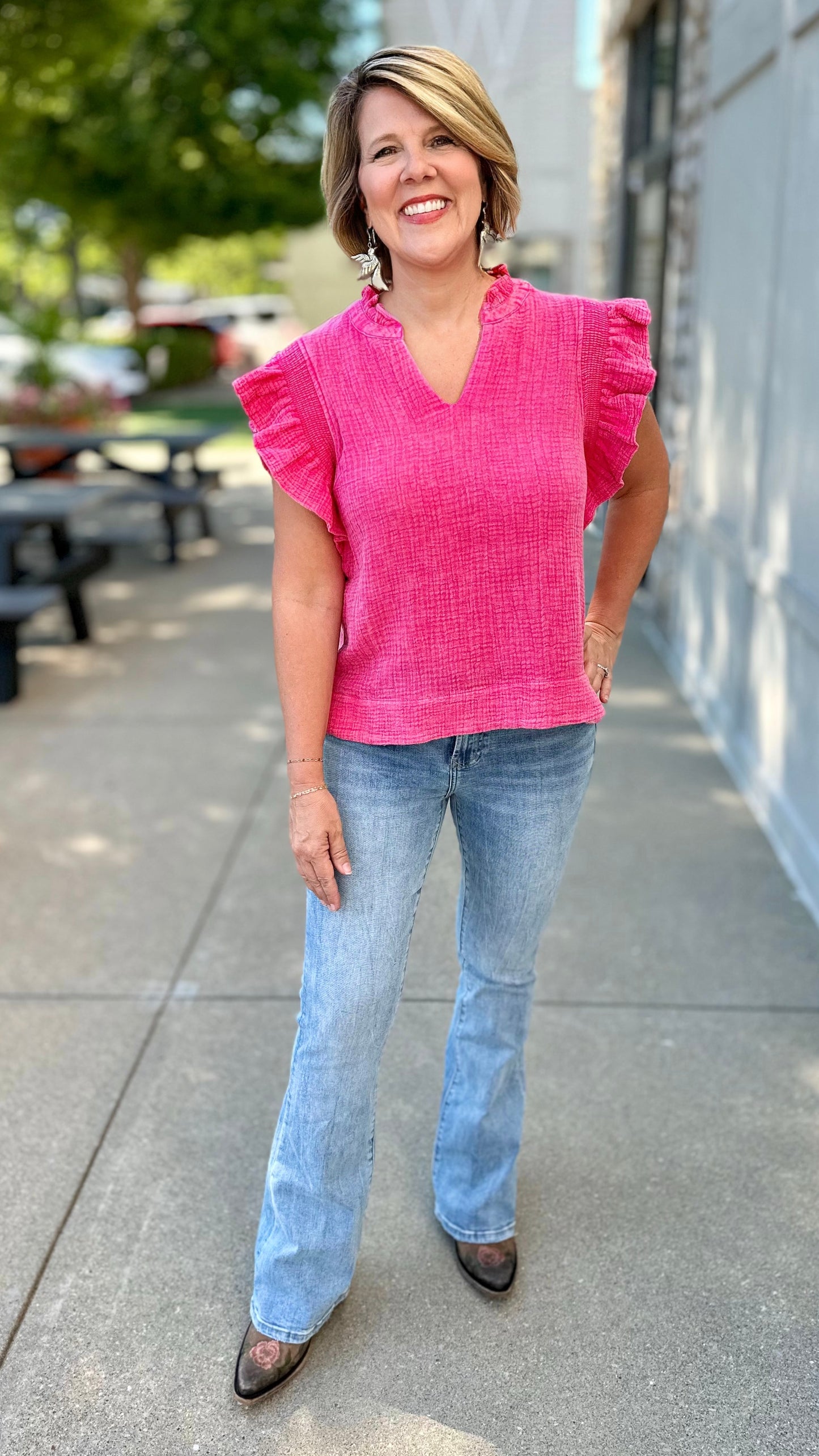 Fuchsia Ruched Sleeve Gauze Top