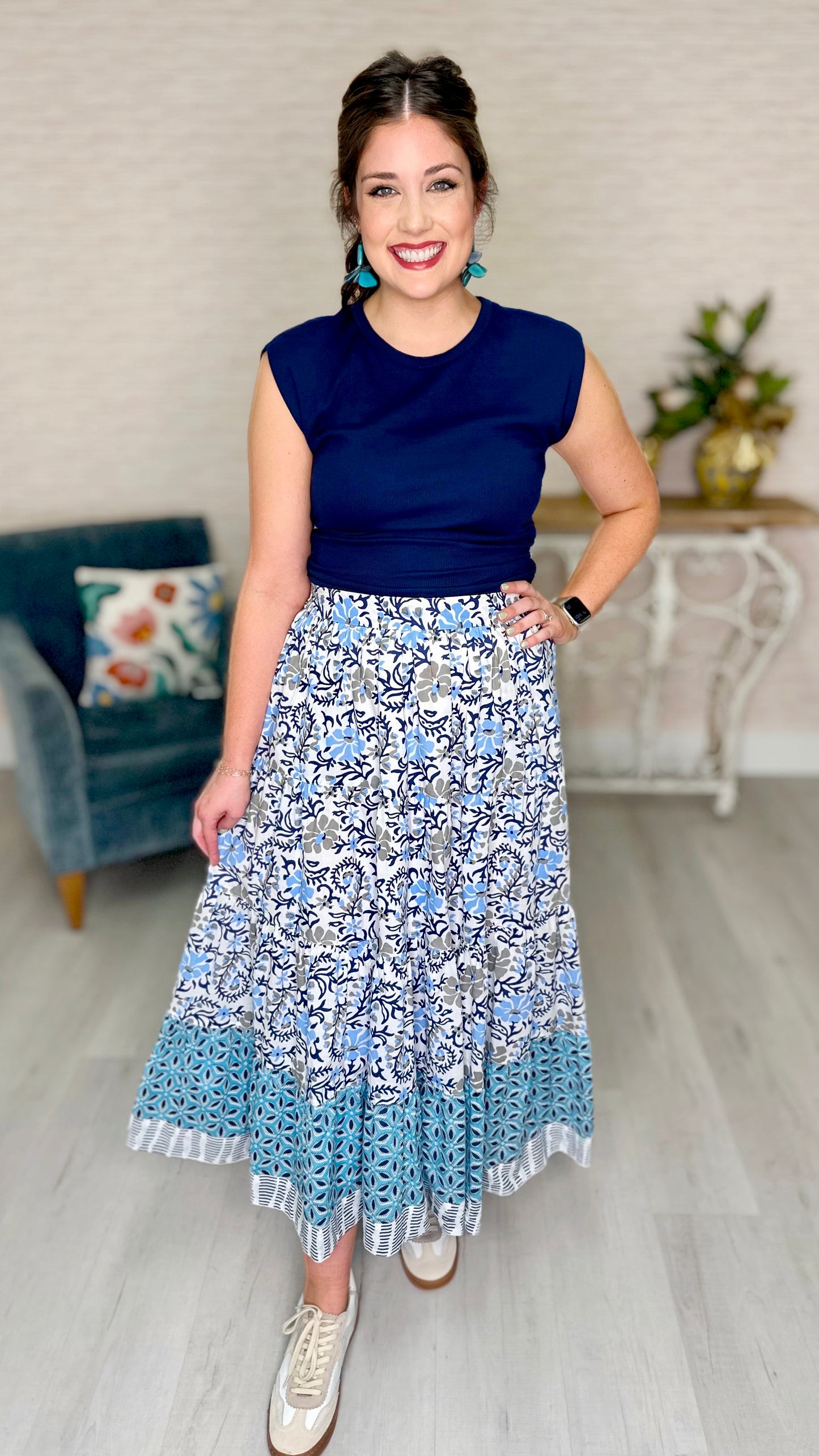 Ivy Jane Many Blues Floral Tiered Maxi Skirt