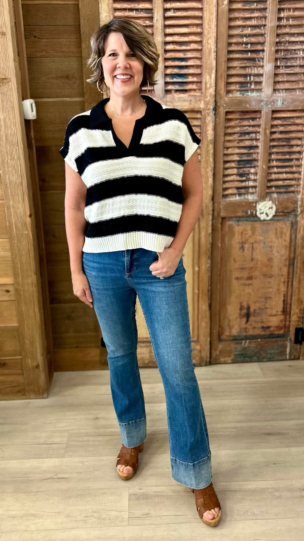 Striped Collared Short Sleeve Sweater - Black and White