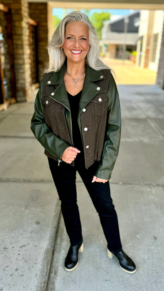 Dear John Faux Leather Denim Moto Jacket - Olive