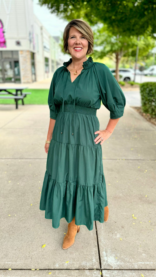 Forest Green Tie Neck Midi Dress