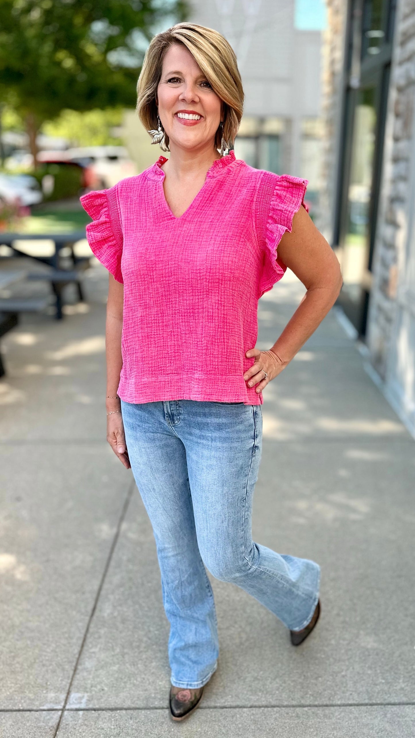 Fuchsia Ruched Sleeve Gauze Top