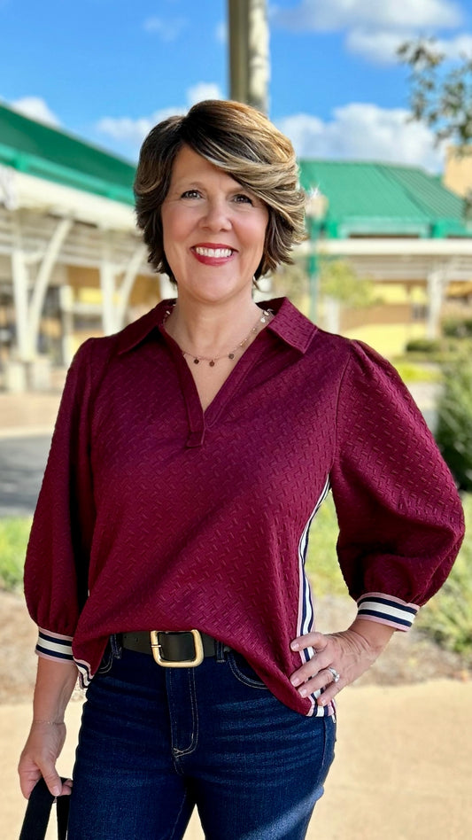 Collared Quilted Prep Stripe Top - Burgundy