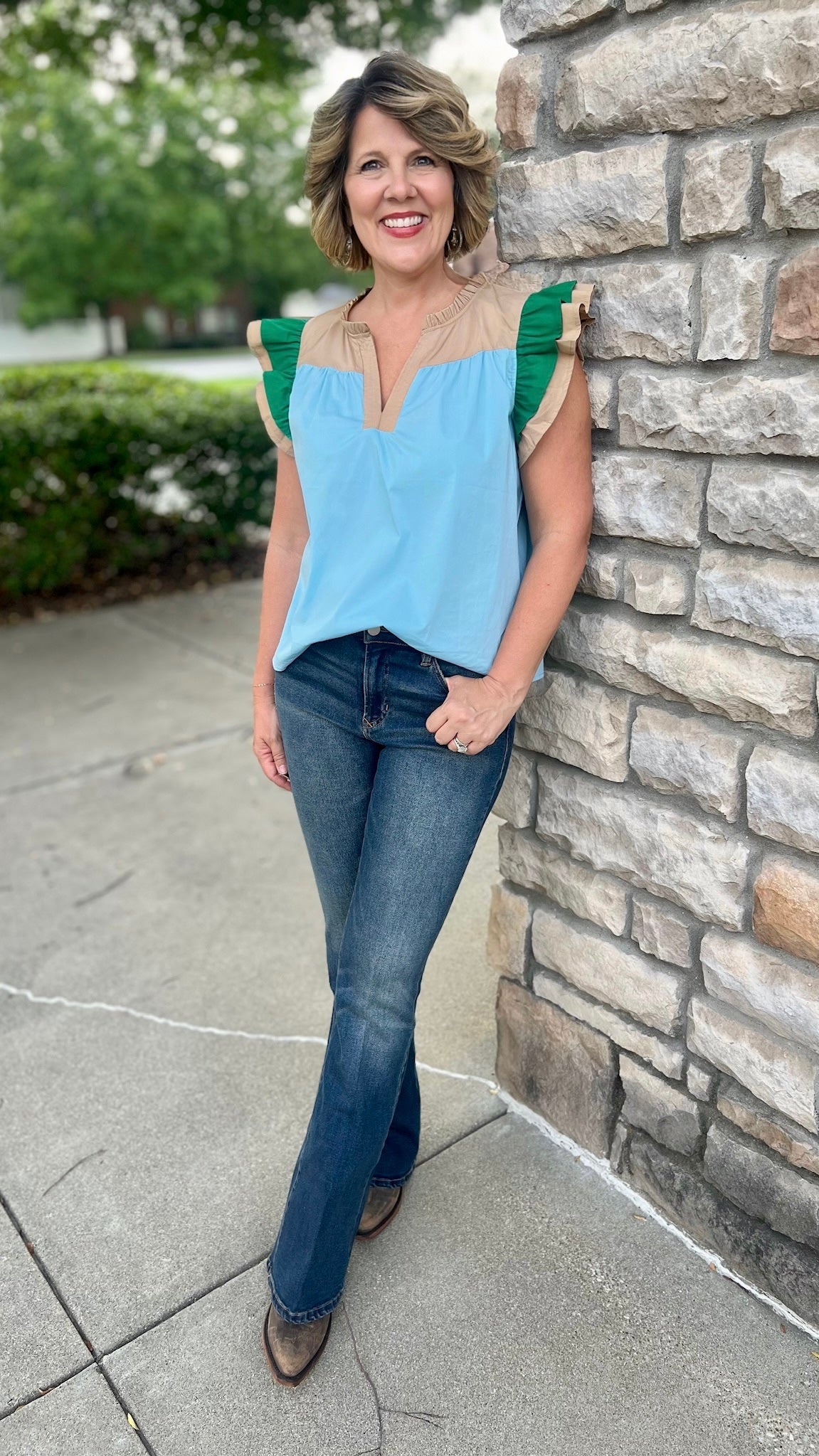 Colorblock Flutter Sleeve Top - Blue