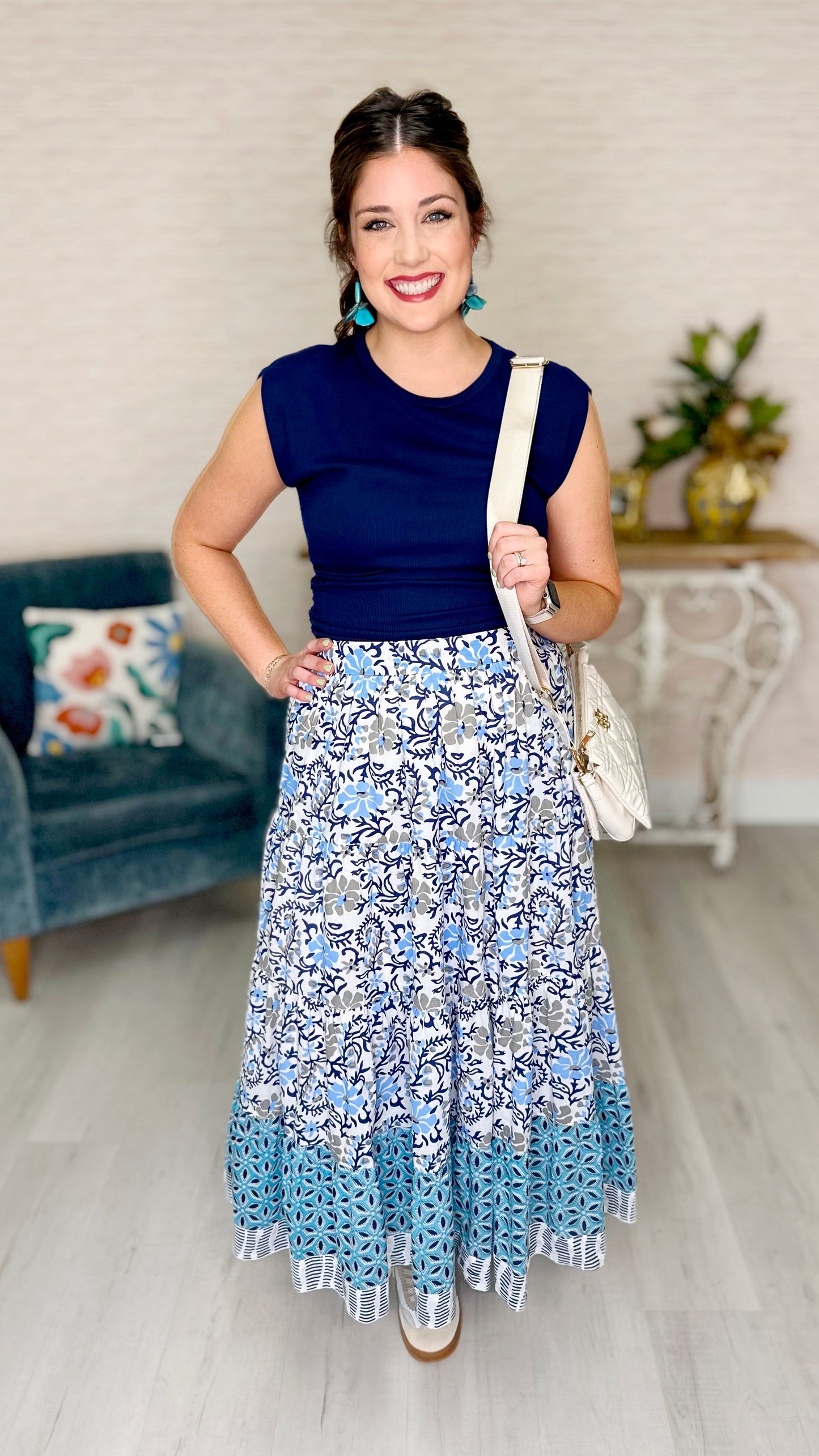 Ivy Jane Many Blues Floral Tiered Maxi Skirt