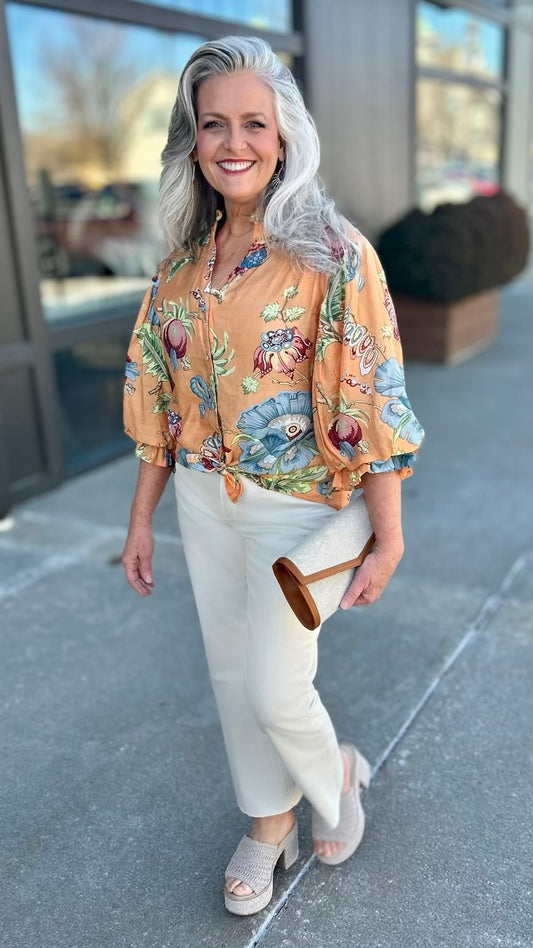 Floral Button Down Top - Coral