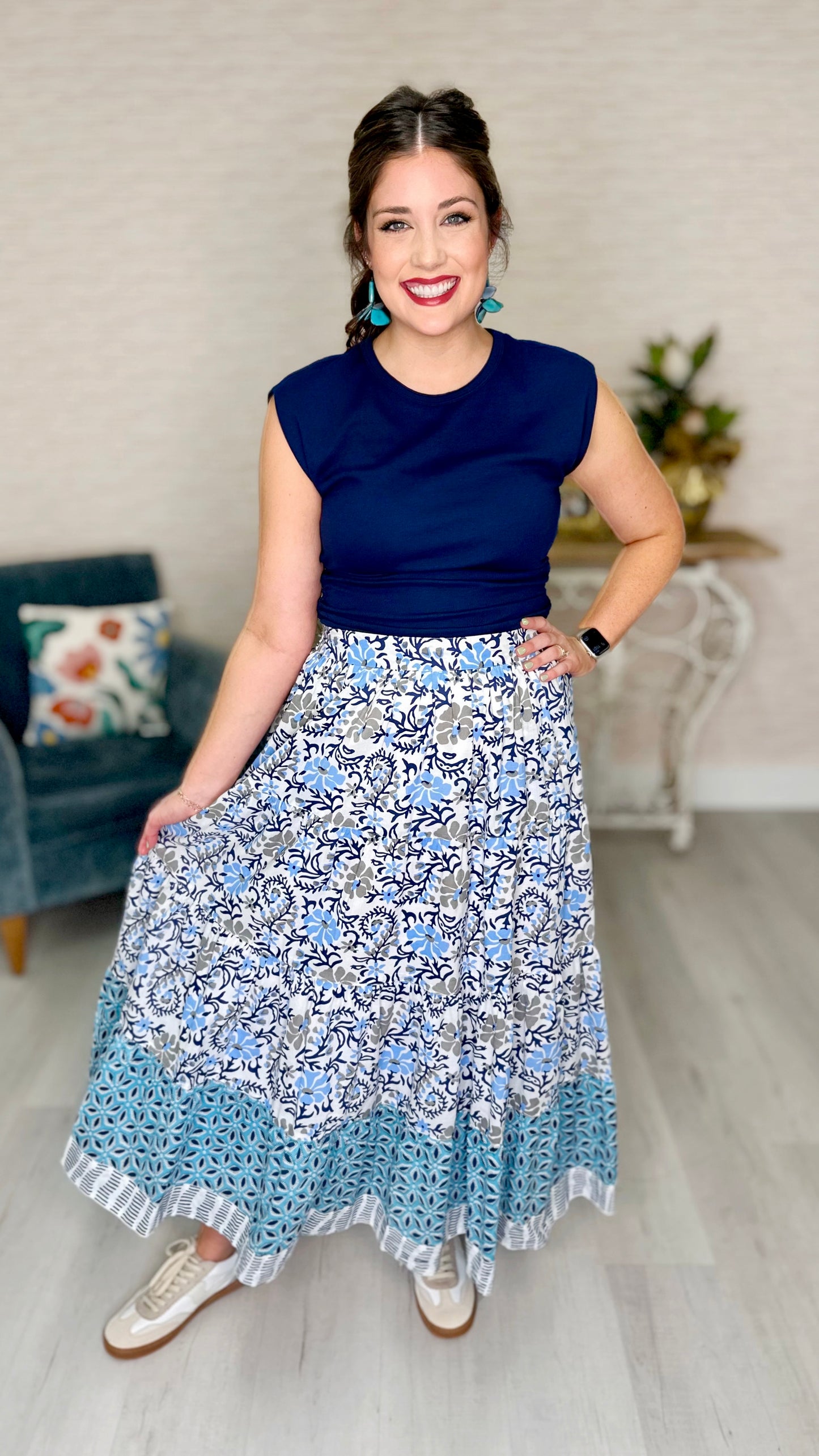 Ivy Jane Many Blues Floral Tiered Maxi Skirt