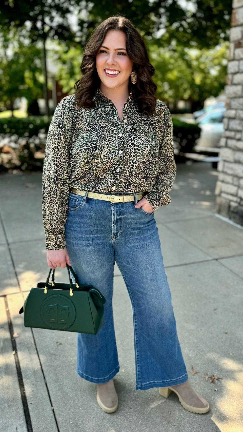 Wild Side Button Down Blouse - Hunter Green