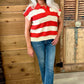 Striped Collared Short Sleeve Sweater - Red and White