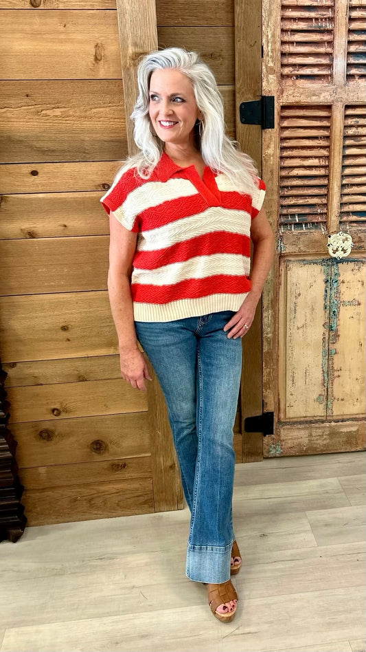 Striped Collared Short Sleeve Sweater - Red and White