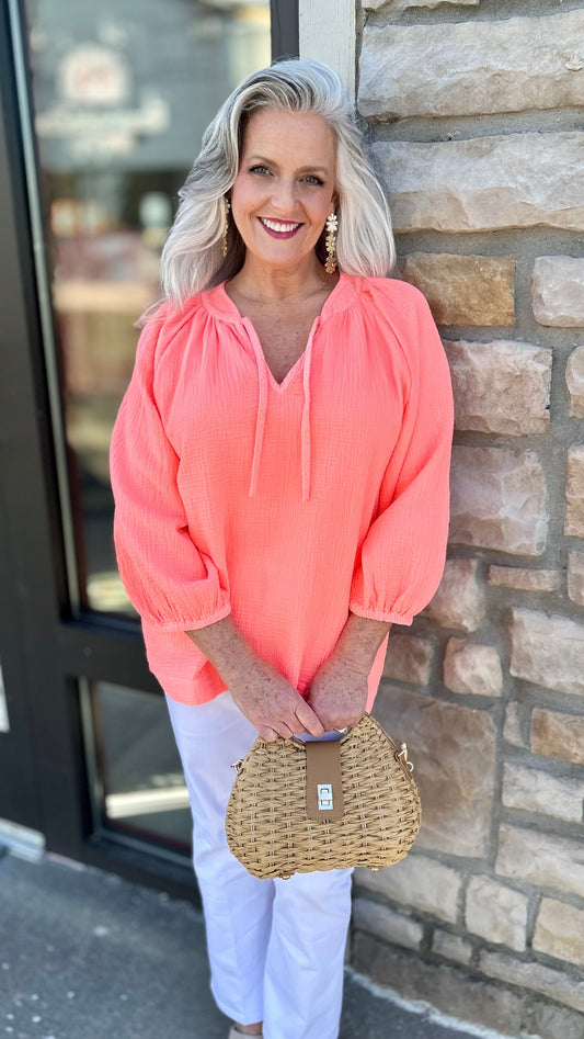 Highlighter Gauze Blouse - Coral