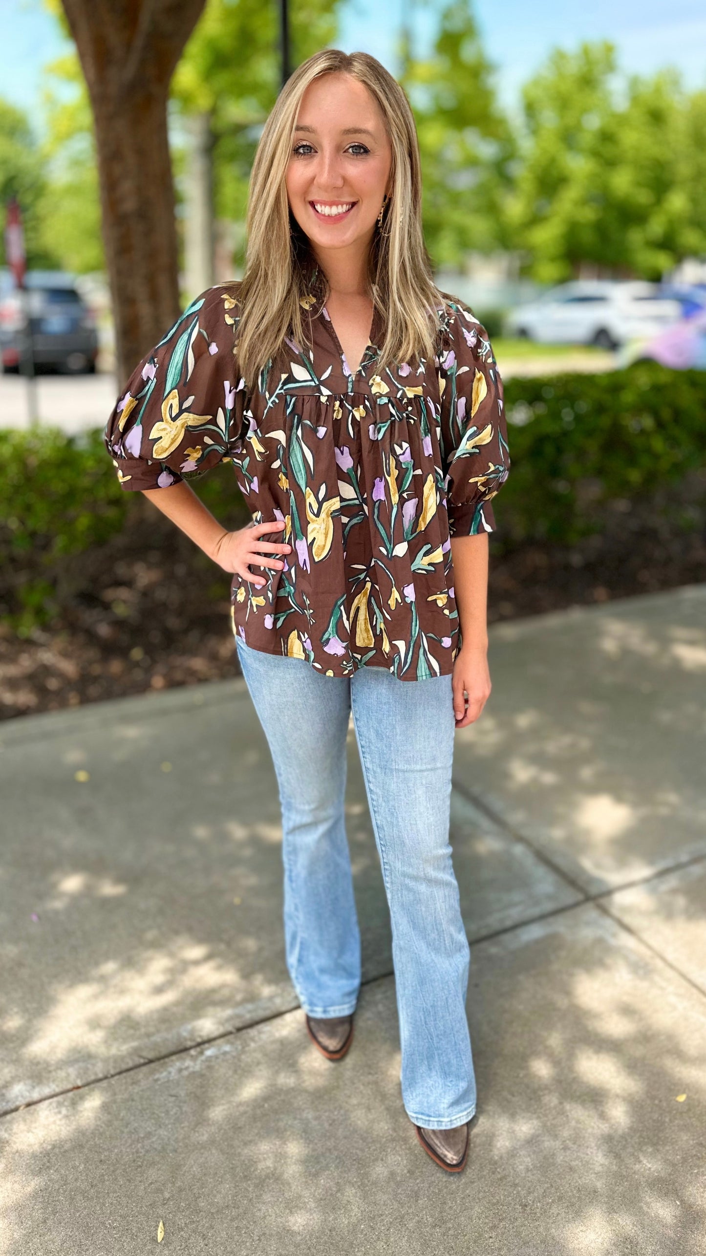 Espresso Floral Balloon Sleeve Blouse