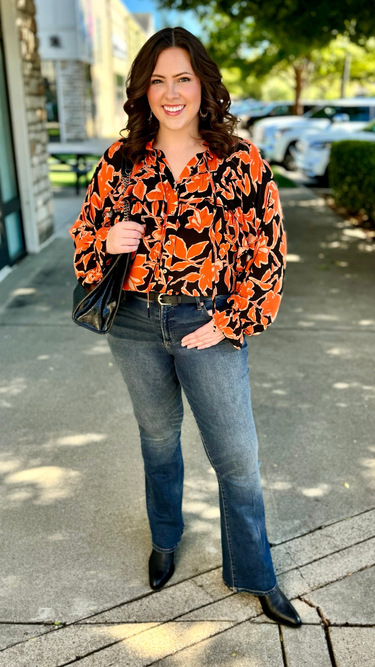 Double Ruffle Button Up Blouse - Orange & Black