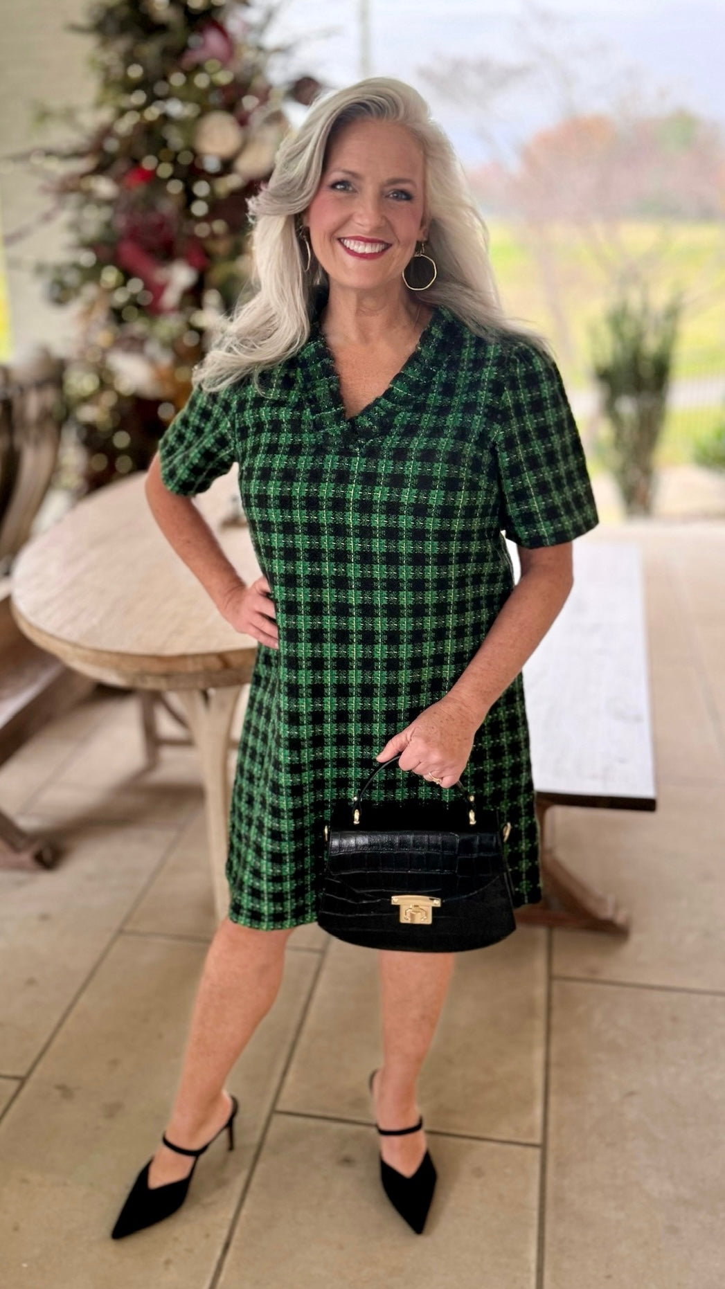 Plaid Tweed Ruffle Neck Dress - Green