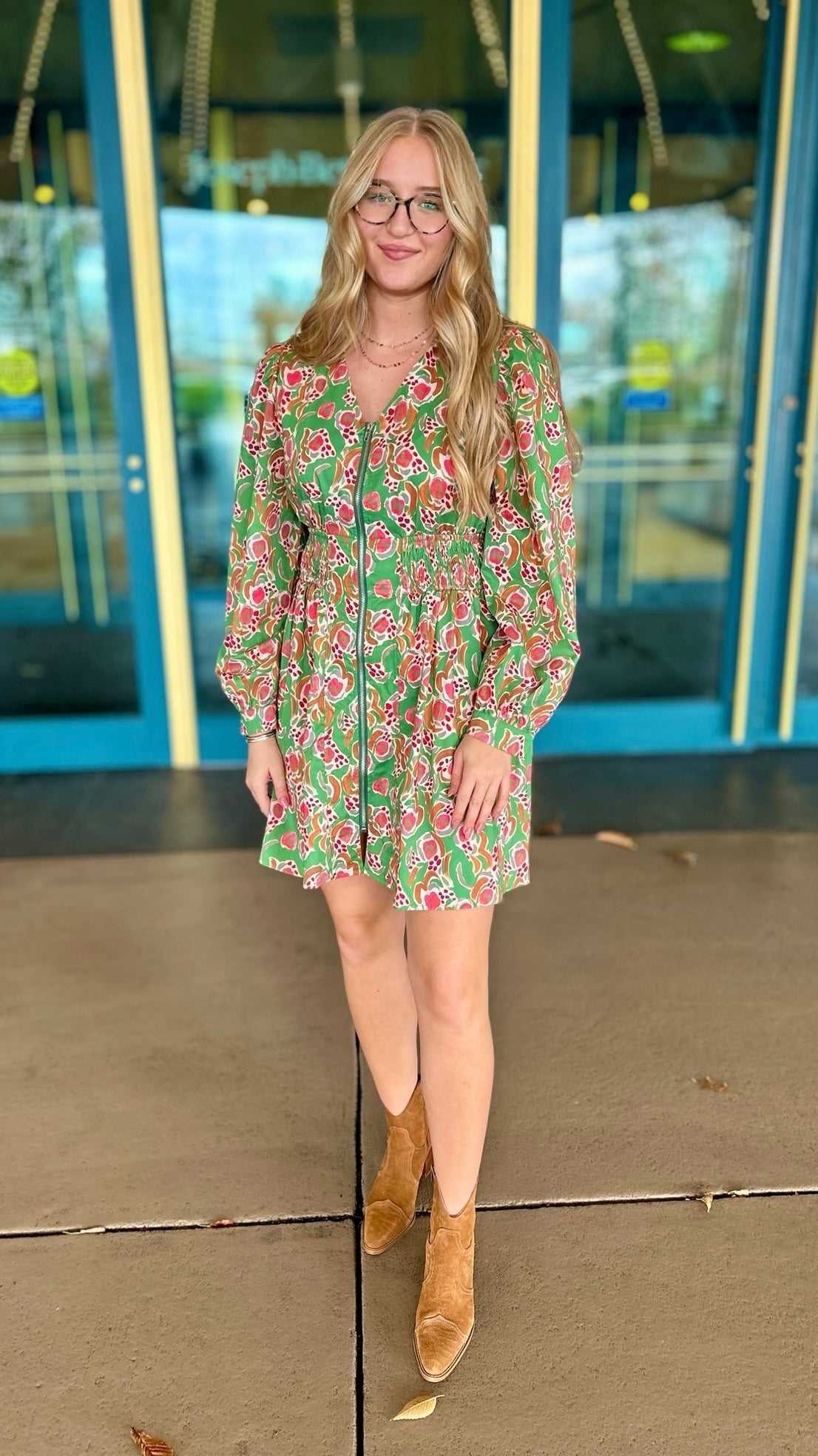 Green Floral Zip Mini Dress